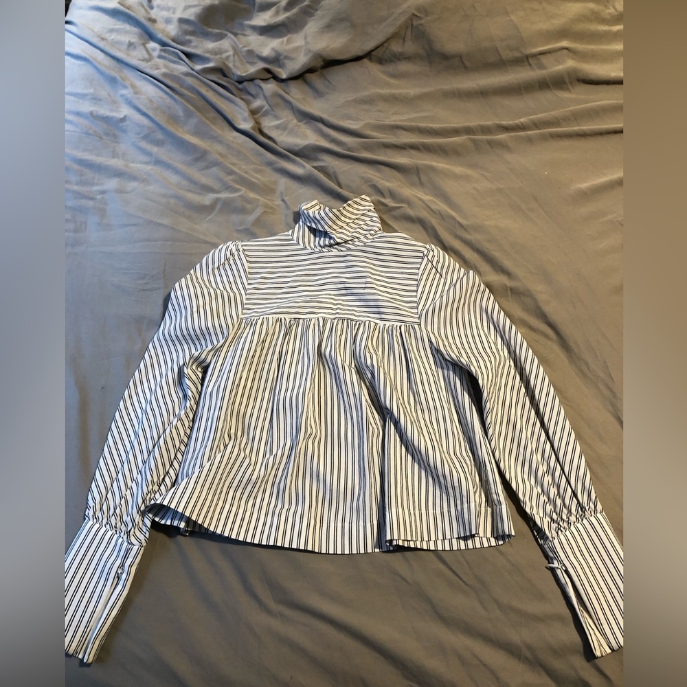 Smythe - blue and white striped blouse with structured leg of mutton sleeve